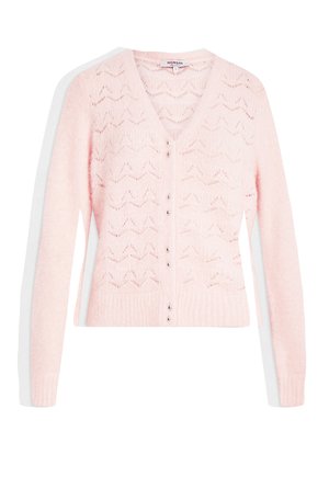 Light pink cardigan made of soft knit material. Features a v-neck, long sleeves, and a button front with decorative buttons and a textured pattern.
