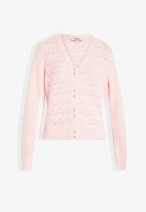 Light pink cardigan made of soft knit material. Features a v-neck, long sleeves, and a button front with decorative buttons and a textured pattern.