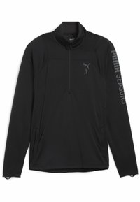 Musta pitkähiha pullover, jossa on neljännesvetoketju, teksturoitu kangas, sivutaskut ja heijastava "PUMA SEASONS" -logo hihassa.