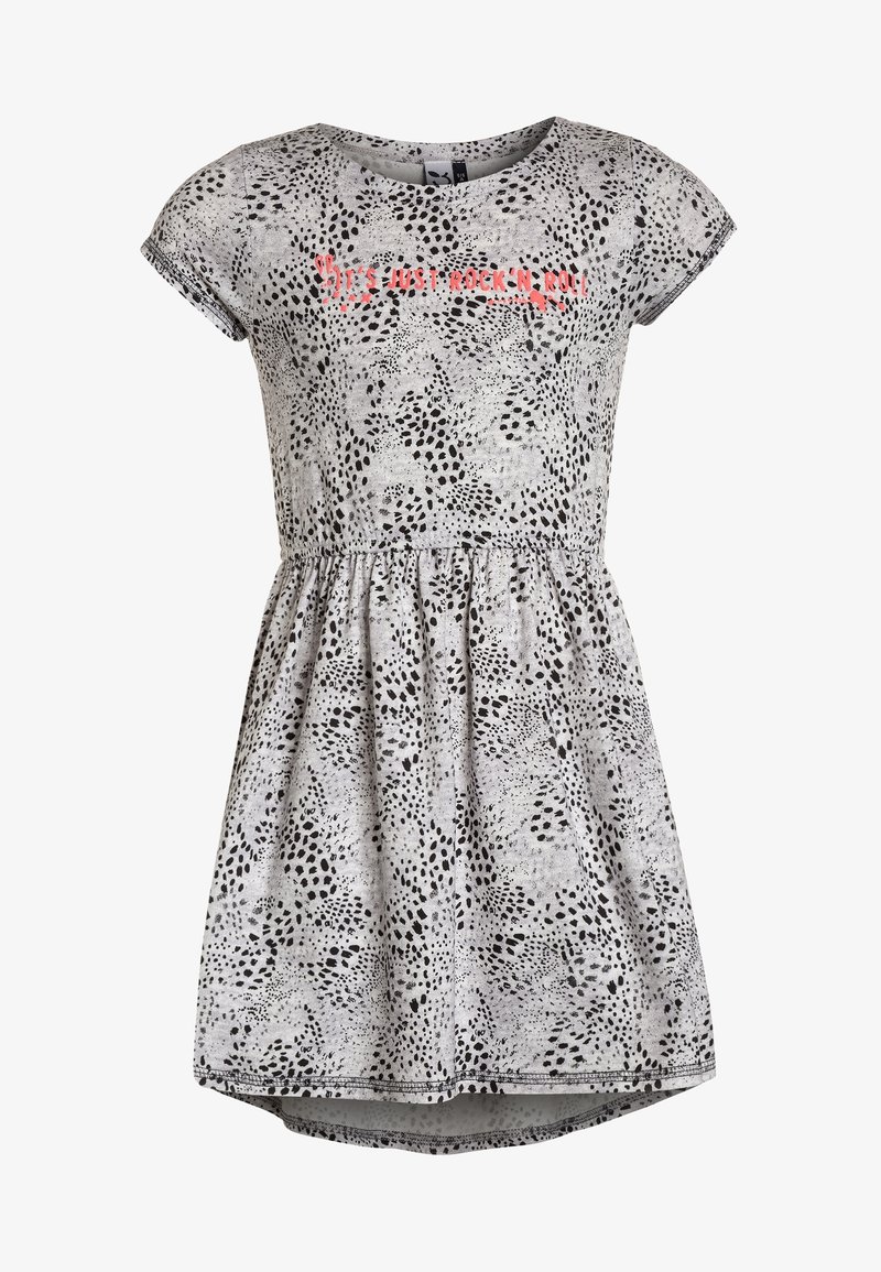 Robe grise à manches courtes avec un motif tacheté noir et un texte rouge indiquant « Girls just rock 'n' roll » sur la poitrine.
