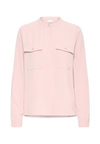 Camicia a maniche lunghe rosa chiaro con collo a band, chiusura frontale con bottoni e due tasche sul petto. Realizzata in tessuto morbido con una superficie liscia.