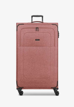 Valigia spinner in tessuto rosso chiaro con superficie testurizzata, dotata di tasca frontale, manico reclinabile e quattro ruote.