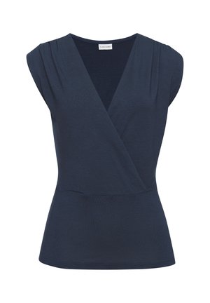 Marineblaues ärmelloses Oberteil mit Wickeldesign, das subtile Falten an den Schultern und eine taillierte Taille für eine schlanke Silhouette aufweist.