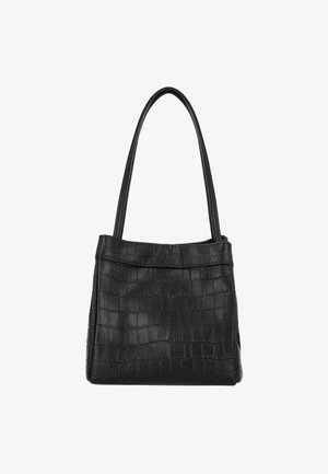 Geantă neagră cu model de crocodil, cu două curele de umăr, formă dreptunghiulară, realizată din piele texturată. Dispune de o închidere cu fermoar în partea de sus.