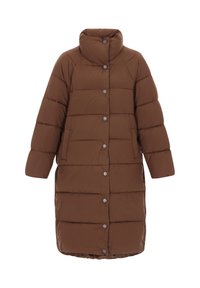 Bruine pufferjas met een hoge kraag, horizontaal gestikte patroon, knoopsluiting aan de voorkant en een iets getailleerde zoom.