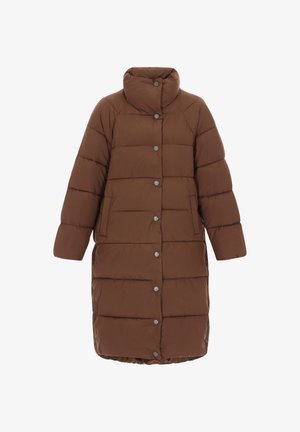 Pruun puhvjakas, millel on kõrge krae, horisontaalne tikandimuster, esipaneelil nupud ja veidi kitsenev lõpp.