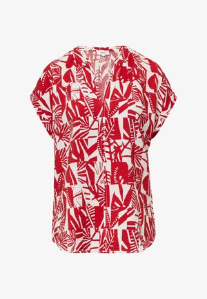 Red and white short-sleeve top featuring a bold, abstract palm pattern. Lightweight fabric with a relaxed fit and V-neck design.