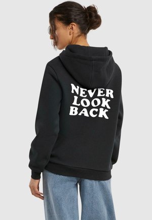 Black hoodie with a large white graphic text "NEVER LOOK BACK" on the back. Features a drawstring hood and ribbed cuffs.
