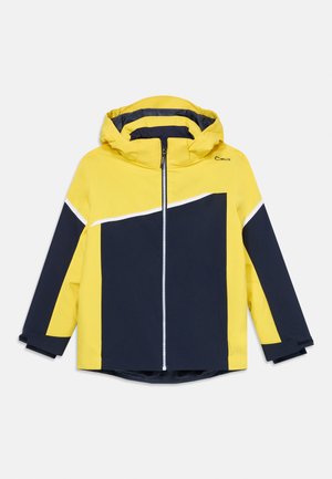 Giacca impermeabile gialla e blu navy con zip frontale, cappuccio e accentuazione bianca diagonale. Presenta maniche lunghe e un design a vestibilità rilassata.