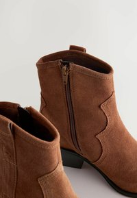 Botas de tobillo de ante marrón con cierre de cremallera y detalle de costura curva. Tacón negro ligeramente elevado, textura suave y diseño de punta redonda.