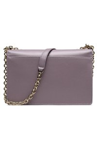 Lilac leather crossbody bag with a textured finish, gold-tone chain strap, and a flap closure. Simple rectangular shape, minimal hardware.