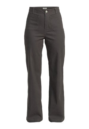 Dark gray wide-leg pants made of cotton blend. Features a high waist, two front pockets, and a button closure at the waist.