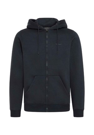 Black zip-up hoodie with a front pocket, drawstring hood, and ribbed cuffs. Soft material with a discreet brand logo on the chest.