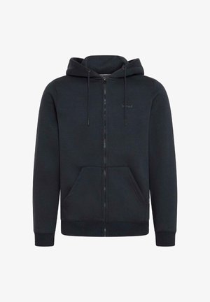 Black zip-up hoodie with a front pocket, drawstring hood, and ribbed cuffs. Soft material with a discreet brand logo on the chest.