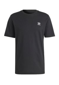 Černé bavlněné tričko s krátkými rukávy, kulatým výstřihem a bílým logem Adidas na levé straně hrudi. Jednoduchý, klasický design.