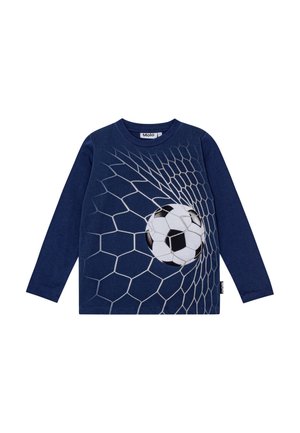 Marineblaues Langarm-T-Shirt aus Baumwolle mit einem aufgedruckten Fußball- und Netzdesign in kontrastierendem Weiß auf der Vorderseite.