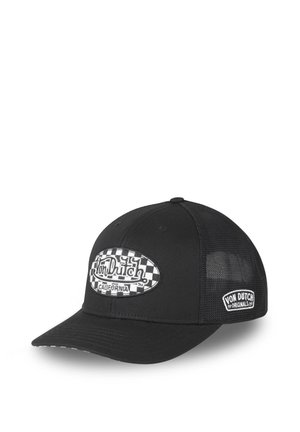 Gorra de béisbol negra Von Dutch con parte trasera de malla, visera curva y dos parches de logotipo blancos, uno ovalado en el frente y otro rectangular en el lateral.