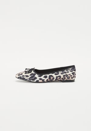 Leopard print ballet flat with a black ribbon bow on the toe, featuring soft fabric, round shape, and a flat sole design.