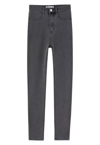 Jean skinny taille haute gris foncé avec bouton frontal, fermeture éclair et design à cinq poches.