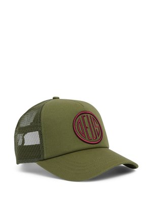 Olive green cap with a solid front and mesh side panels. Features a maroon circular patch with the word "DEUS" embroidered prominently.
