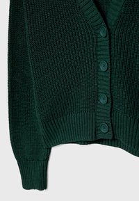 Dark green knitted cardigan featuring a V-neck, ribbed cuffs, a button closure with six buttons, and textured fabric for added warmth.