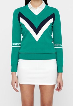 Kvinde iført teal V-hals sweater med hvid og marineblå chevron og hvid nederdel, stående mod en ensfarvet baggrund.