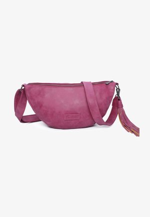 Bolso cruzado de piel rosa con forma redondeada, cierre de cremallera, correa ajustable y un borlas decorativa unida al lado.