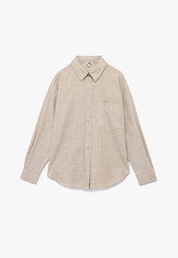 Licht beige en bruin gestreept overhemd met lange mouwen, knoopsluiting en kraag, voorzak en een relaxte pasvorm. Soepele stof met subtiele textuur.