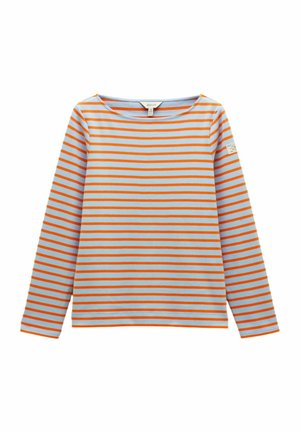 Long-sleeve shirt with narrow orange and light blue horizontal stripes and a round neckline.