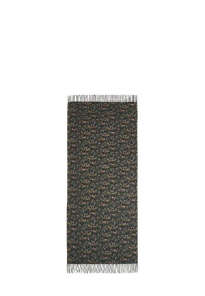 Écharpe rectangulaire sombre avec bords à franges, présentant un motif répétitif d'animaux multicolores et de feuillage.
