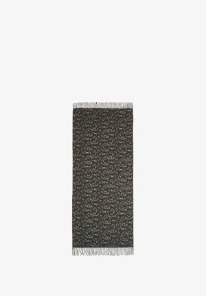Écharpe rectangulaire sombre avec bords à franges, présentant un motif répétitif d'animaux multicolores et de feuillage.