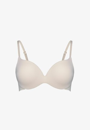 Beżowy usztywniany biustonosz z regulowanymi ramiączkami i gładkimi, bezszwowymi miseczkami zaprojektowanymi dla komfortu i wsparcia.