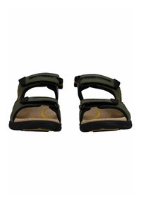 Ein Paar grüne und schwarze Sandalen mit offenen Zehen, Klettverschlüssen und beigen Innensohlen, von vorne vor weißem Hintergrund gezeigt.