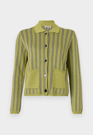 Zöld csíkos kardigán, galléros nyakkal, kék és ezüst függőleges csíkokkal, két elülső zsebbel és fekete gombokkal.