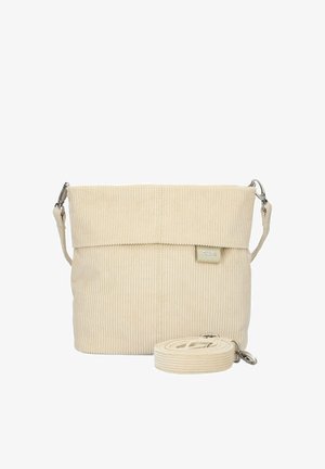 Beige corduroy shoulder bag with fold-over top and detachable strap, featuring subtle vertical ribbed texture and metal clasp attachments.