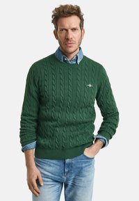Grüner Kabelstrickpullover aus Wolle mit gerippten Bündchen und Saum, über einem Jeanshemd mit Kragen getragen, kombiniert mit blauen Jeans.