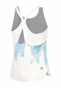 Canottiera atletica bianca con accenti blu in tie-dye. Presenta un design con schiena incrociata e ampie aperture per le braccia. Realizzata in un tessuto liscio.