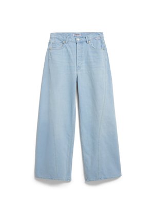 Lichtblauwe wijde jeans van denim met een hoge taille, voorzakken en subtiele vervaging. Gesloten met een knopenfly en riemlussen.