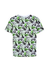 T-shirt a maniche corte con un motivo geometrico multicolore nei toni del verde, nero e bianco, caratterizzato da forme e texture variate.
