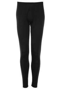 Sorte leggings laget av elastisk stoff. Har en tettsittende design med midjehøyde og ingen synlige sømmer eller mønstre.