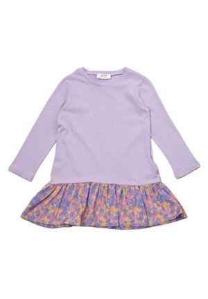 Robe pour tout-petit à manches longues couleur lavande avec un col rond et un ourlet à volants à imprimé floral dans des tons violet, orange et jaune.