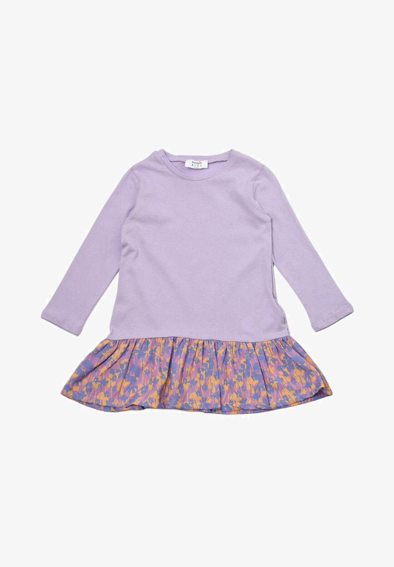 Robe pour tout-petit à manches longues couleur lavande avec un col rond et un ourlet à volants à imprimé floral dans des tons violet, orange et jaune.