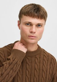 Brown cable-knit sweater with a ribbed crew neckline and cuffs. The texture features a pattern of twisted cables, enhancing the garment's design.