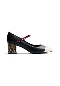 Black Mary Jane shoe with a white pointed toe, red strap, and brown snakeskin-patterned chunky heel on a white background.