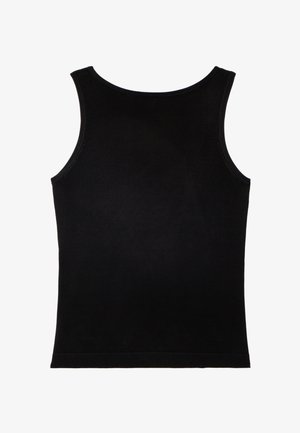 Zwart mouwloos tanktop met een ronde halslijn en rechte zoom, plat gelegd op een witte achtergrond.