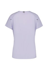 Top corto a maniche corte di un leggero color viola, realizzato in un tessuto testurizzato, con scollatura rotonda e dettagli neri sulle spalle.