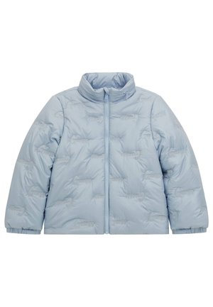 Giacca imbottita azzurro chiaro con colletto alto, cerniera frontale, polsini elasticizzati e motivo a logo in rilievo discreto su tutto il tessuto.