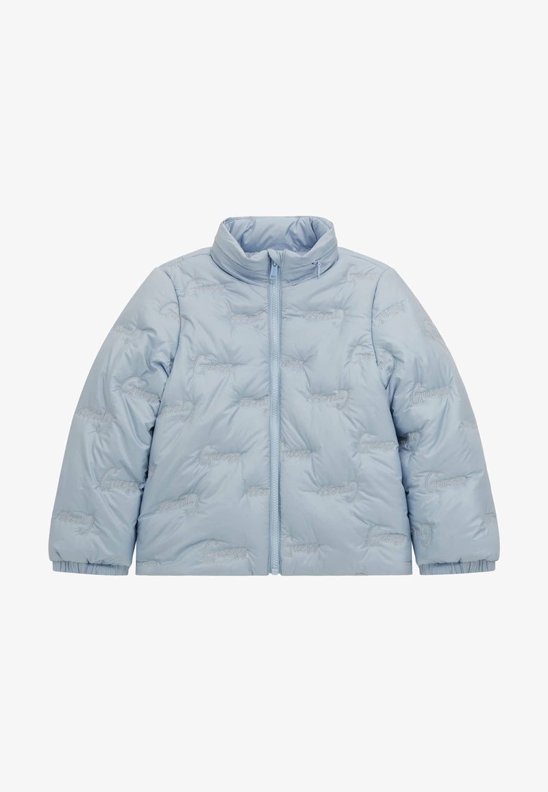 Doudoune bleu clair avec col montant, fermeture éclair à l'avant, poignets élastiques et motif de logo discret en relief sur tout le tissu.