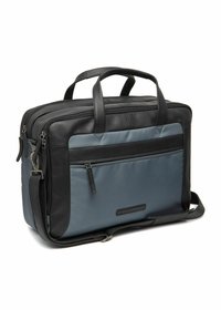 Schwarze Leder- und graue Stoff-Laptoptasche mit zwei oberen Tragegriffen, Reißverschlussfächern und verstellbarem Schultergurt. Glatte Textur und elegantes Design.