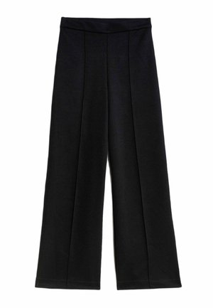 Zwarte wijde broek met hoge taille en voornaaddetails, gemaakt van een gladde, gestructureerde stof.